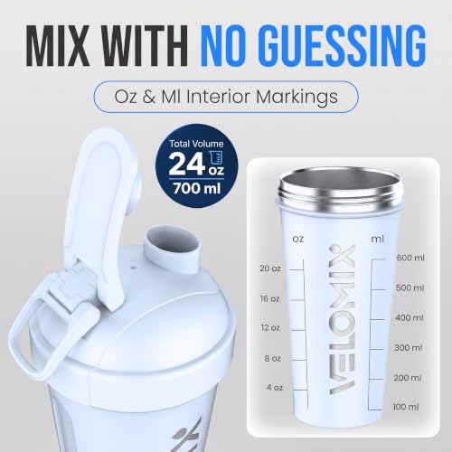 Image of VELOMIX 24oz Stainless Steel Shaker Bottle with Wire Whisk (White)