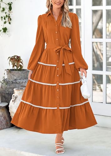 PRETTYGARDEN Womens Casual Dresses Loose Belted Long Lantern Sleeve Tiered Button Down Maxi Shirt Dress with Pockets3