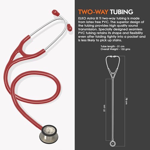 Image of ELKO EL-240 ASTRA III Ti Titanium dual head acoustic stethoscope | Adult & Pediatric Stethoscope with Double-sided Natural Titanium Chestpiece | Two-Way PVC Tubing | Doctors & Medical Students (Red)