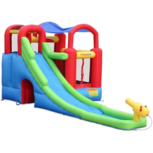 Inflatable Bounce House or Water Slide Wet or Dry with Sun Roof, Ball Pit 30 Balls, Water Gun, Fun Bouncing Area with Basketball Hoop, Long Slide with Climbing Wall, UL Certified Blower Included