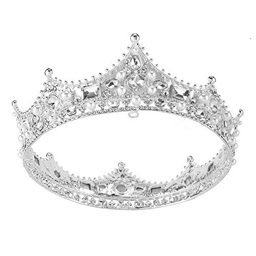 FUMUD Baroque Vintage Black Rhinestone Beads Round Big Crown Wedding Hair Accessories Luxury Crystal Queen King Crowns Bridal Tiaras (Silver)