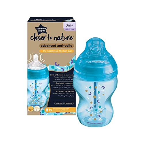 Tommee Tippee Biberón Anticólico con Tetina con Forma de Pecho y Sistema de Aireación Anticólico, 260ml, Pack de 1, Azul (color y diseño varían)