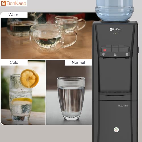 Image of BonKaso Top Loading Hot, Cold & Normal Water Dispenser | 20L Non-refrigerated Cabinet | Food-Grade ABS Body, LED Indicator, Child Lock, Removable Drip Tray | 1 Year Warranty | Black