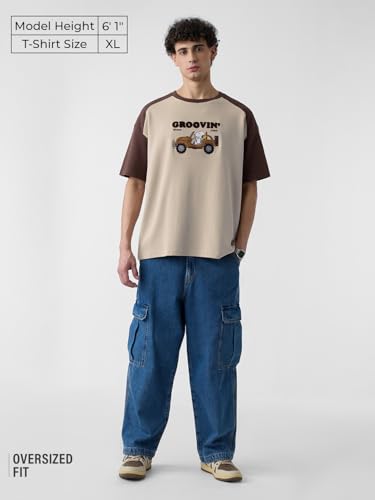 Image of The Souled Store Ottoman: Peanuts Groovin Men and Boys Short Sleeves Round Neck Brown Embroidered Cotton Oversized T-Shirts