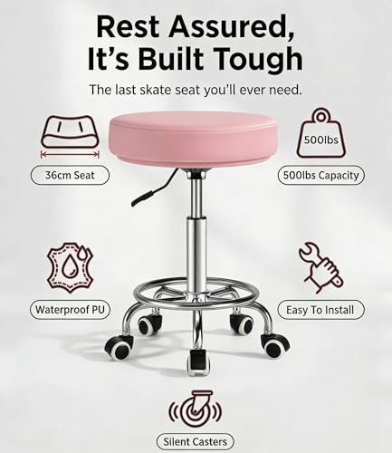 Image of Adjustable Rolling Stool with Wheels 500lb Heavy Duty Round Rolling Stool with Footrest, Patent Leather Drafting Stool Chair with Wheels Work Spa Salon Seat（Pink）