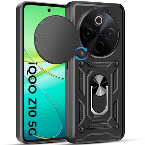Image of A rtistque Armor Bumper Back Case Cover for Vivo T4 5G / iQOO Z10 5G | Stylish Ring Holder & Inbuilt Stand | Sliding Camera Cover | TPU Protective Design | Vivo T4 5G & iQOO Z10 Back Cover - Black