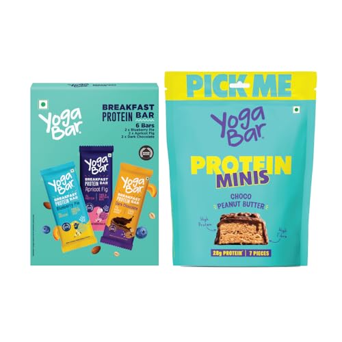 Image of Yogabar Breakfast Protein Bars Variety Pack of 6 (2 Blueberry, 2 Mocha Brownie, 2 Dark Chocolate Chip) | Protein Minis, 4g Protein Bar Pack of 7 (Free) | High Protein All in One | No Preservatives - No Artificial Flavours | Meal Replacement Bar