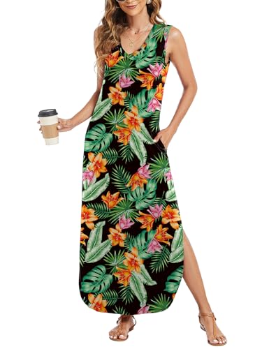 Image of Arolina Maxi Dress for Women Tropical Summer V Neck Sleeveless Split Long Beach Dresses Casual Loose Sundress with Pockets