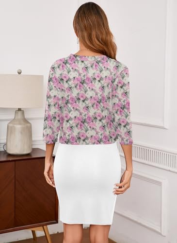 Image of Iandroiy Women's 3 /4 Sleeve Open Front Cropped Cardigan Sweater Elegant Shrugs for Women (Large, FP Pink Floral)