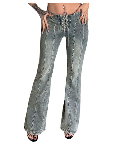 WDIRARA Women's Rivet Lace Up Flare Jeans Y2K Punk Low Waisted Zip Back Denim Pants Medium Wash 30