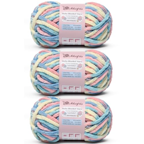 Image of 10.58 oz /147.6 yds Chunky Chenille Yarn for Crocheting, #7 Super Bulky Baby Blanket Yarn for Crocheting Soft, Fluffy Velvet Yarn for Knitting, Amigurumi Crochet Yarn for Crafts (3 Candyfloss)