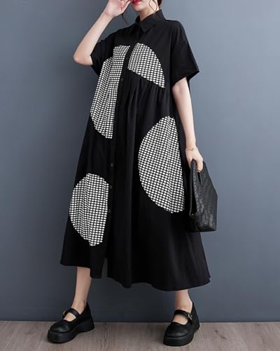 Image of ellazhu Women's Short Sleeves Button Down Patchwork Pattern Print Shirt Dress GZ151