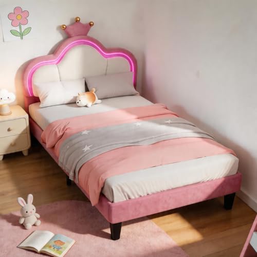 Artswish Polsterbett Kinderbett 90x200 cm, Mädchenbett Prinzessinnenbett mit Lichtleiste, Verstellbares Kopfteil, Bett mit Lattenrost Einzelbett für Schlafzimmer, Rosa Lila (ohne Matratze)