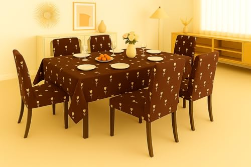 Image of Homerz Premium 6 Seater Dining Table Cloth with 6 Dining Chair Covers,Elastic Fitted Chair Slipcovers, Printed Polycotton Fabric, Table Cloth Size 60x90 inch (Choco Touch)
