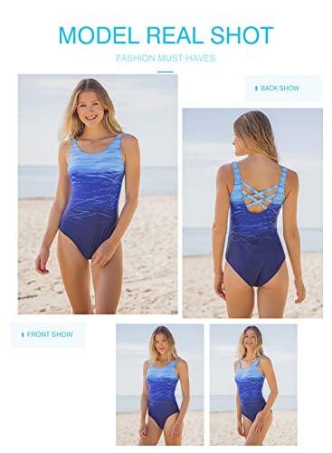 Aleumdr Women's One Piece Swimsuits Criss Cross Back Tummy Control Bathing Suits Racing Training Sports Athletic Monokini Blue X-Large #TOP3