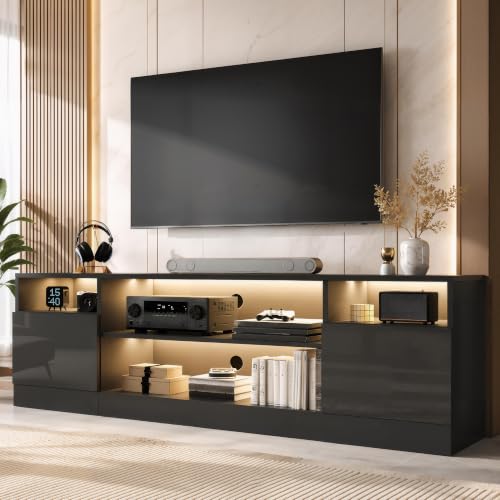 Image of AMERLIFE 70 inch LED TV Stand for TVs up to 80 inch, Modern Entertainment Center with Storage Cabinets & Open Shelves, High-Gloss TV Console for Living Room, Bedroom, Black