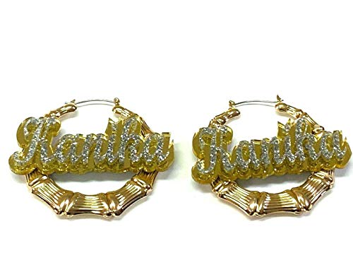 Personalized Custom Gold Hoop Bamboo Earrings Name Plate Laser Cut Design Stunning Look - Quality, Attractive Gold Bamboo Earrings, Made To Order 1.5-3.5 INCHES sizes2