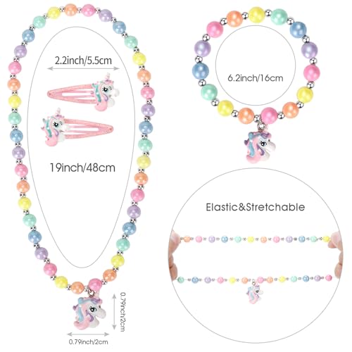 Unicorn Stretch Necklace Little Girl Toddler Necklace Bracelet Hair Clips Set, Little Princess Jewelry Accessories Favors Bags for Girls (1)2