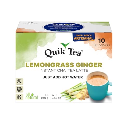 QuikTea Instant Lemongrass Ginger Chai Tea Latte – 10 Count, Refreshing Lemongrass Lift Combined with Zesty Ginger, Low Caffeine, No Artificial Colors, Flavors or Preservatives – Just Add Hot Water