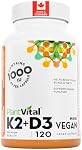 PlantVital High-Potency Vegan Vitamin D3 + K2 -Made in Canada - (1000IU /25 mcg + 120 mcg) for Bones, Teeth and Immune System - Patented MK7 Form - K2 D3 vitamin - 4 Months Supply - 120 Capsules.