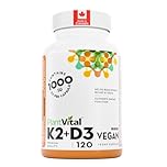 PlantVital High-Potency Vegan Vitamin D3 + K2 -Made in Canada - (1000IU /25 mcg + 120 mcg) for Bones, Teeth and Immune System - Patented MK7 Form - K2 D3 vitamin - 4 Months Supply - 120 Capsules.