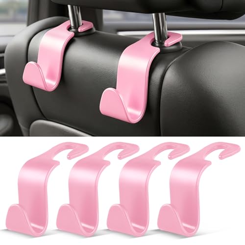 Image of SINGARO 4 Pack Car Seat Headrest Hooks, Vehicle Back Seat Hanger Storage Organizer for Purse Handbag Backpack Coat Grocery, 360 Rotating Heavy Duty Holds 44lbs, Pink