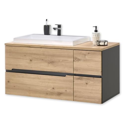 MEMPHIS Badezimmer Waschbeckenunterschrank mit Waschbecken in Artisan Eiche Optik, Grau - Bad Unterschrank schwebend mit viel Stauraum - 110 x 54 x 53 cm (B/H/T)