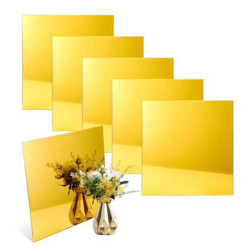 Image of 5pack Mirror Acrylic Sheets, 12 inch x 12 inch Opaque Glossy Mirror Plastic Sheet with 1 /8 Inch(3mm) Thickness, Rigid Tinted Mirror Acrylic for Cutting, Sawing, Laser Cutting (5, Gold, 12X12)