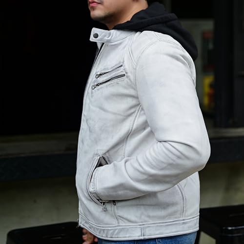Image of Jild Hooded 2.0 Leather Jacket Men - Genuine Lambskin Leather Bomber Jacket with Removable Hood for Mens Fashion