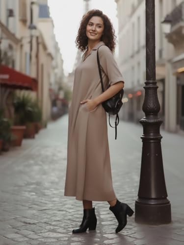 Image of Varanga Casual Flowy Midi Dress for Women | Solid Beige A-Line Maxi Dress with Collar & Pockets | Comfortable Summer Dress for Women
