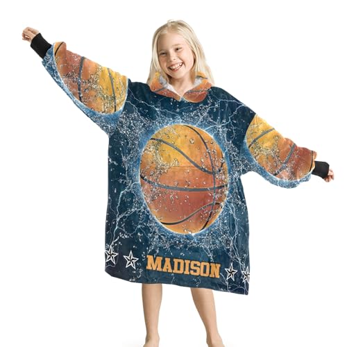 Sherpa Sports Blanket Hoodie Kids Teens,Sport Basketball on Water Custom Oversized Wearable Blanket Sweatshirt Fleece Hoodie Blanket for Boys Girls