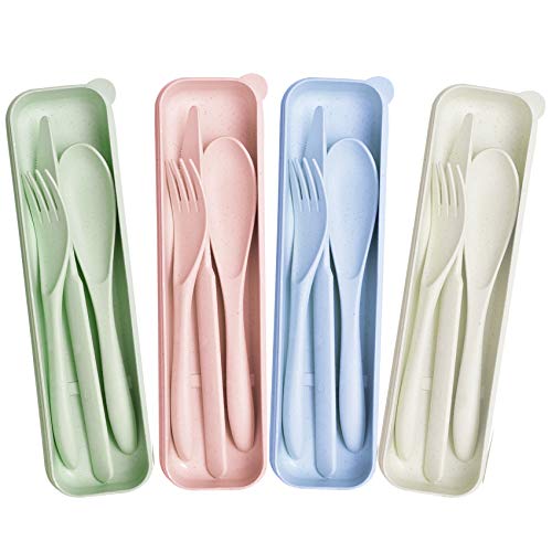 4 Color Wheat Straw Tableware, Travel Utensil Set with Case, Reusable Spoon Knife Forks Tableware, Travel Picnic Camping or Birthday, Anniversary Use (color)