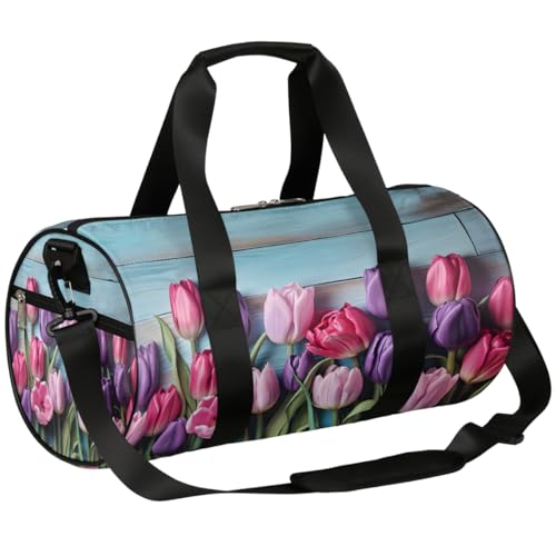 Borsone con scomparto per scarpe impermeabile con tulipani colorati blu tavole in legno a righe zaino da viaggio per fitness palestra gite nel fine settimana Strisce di blu con