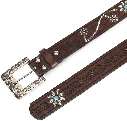 Image of Western-Leather-Belts-Women Vintage Waist-Belts with Hollow Out Flower