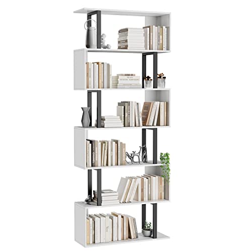 Gadroad 6 Tier Geometric Bookcase,S Shaped Bookshelf, Wood Decorative Storage Shelving, Modern Freestanding Display Shelves, Tall Book Shelf Unit for Living Room Bedroom, White