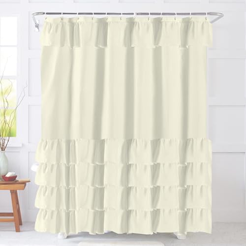 COSEVIER Cream Ruffle Farmhouse Shower Curtain, Yellow Cute Vintage Shabby Chic Fashion Textured Fabric Cloth Bathroom Curtain 72x72 Inch