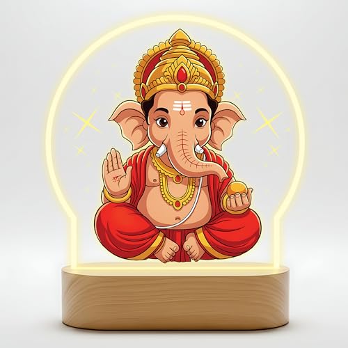 Image of Giftplease Lord Ganesha Printed LED Night Light - Vibrant Ganpati Bappa Desk Lamp with Warm Glow - Divine Home Decor for Pooja Room, Office, & Spiritual Gifting GL 04