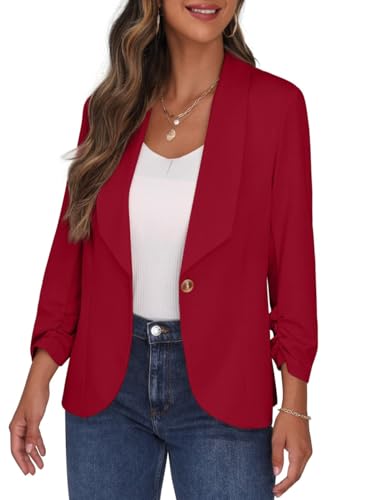 PrinStory Blazer pour femme, col à revers, manches 3/4, froncées, veste de costume, cardigan à un bouton, blazer court, tenue décontractée pour le bureau, rouge...