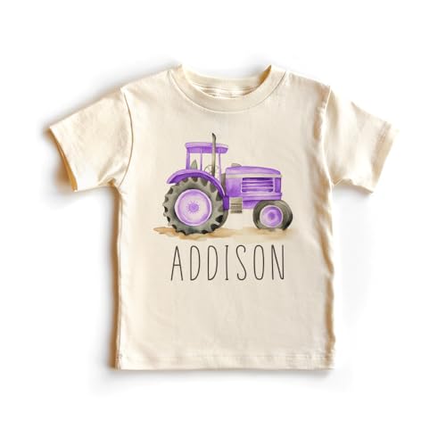 Personalized Tractor Toddler Shirt - Cute Custom Name Farmer - Purple Farm Tractor Tee - Boho Natural Kids Shirts