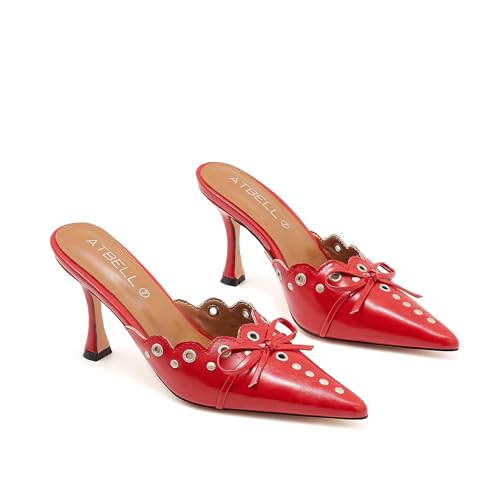 Image of Kitten Heel Mules for Women Bow Tie Suede Stiletto Heels Mule Pointed Toe Studs Slide Heeled Sandal Pumps for Wedding Dress Party