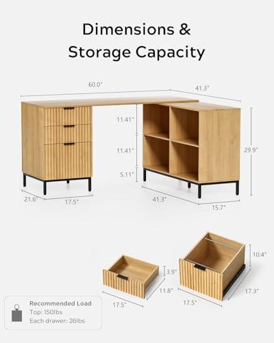 Image of EYYTHUNG L Executive Desk with Storage Cabinet, 60 inch Fluted Modern Flexible Home Office Desk, Large Wood Convertible Computer Standing Up Desk with File Drawer, Writing Desk Natural Oak