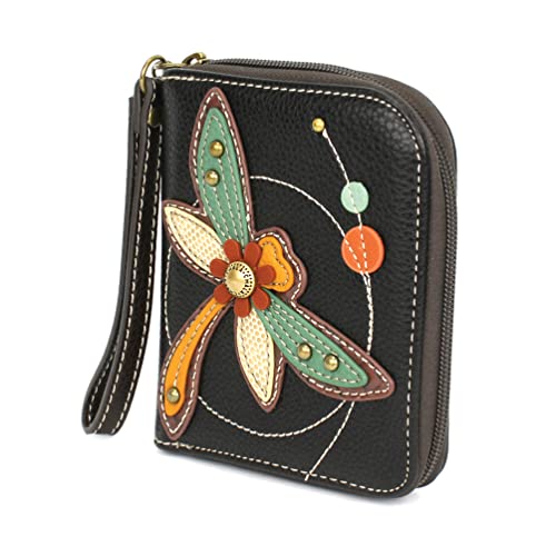 CHALA Zip Around Wallet, Wristlet, 8 Credit Card Slots, Sturdy Pu Leather - Dragonfly - Black2