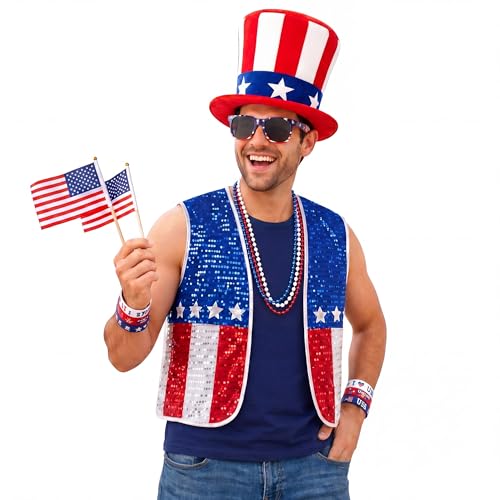 CICOCI 14Pcs 4th of July Accessories Uncle Sam Costume Set for Adults Patriotic USA Outfit Red White Blue America 250th Anniversary