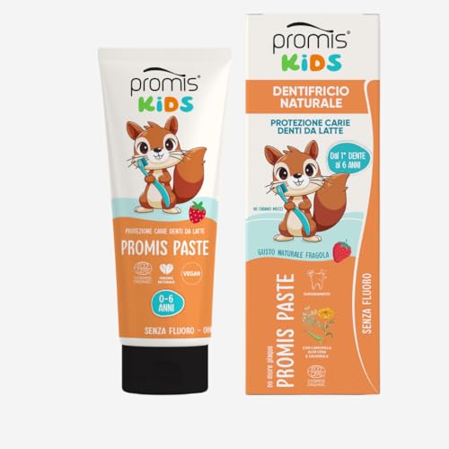 Promis Paste Kids – Dentífrico Infantil Sin Flúor 0–6 Años, Anticaries con Hidroxiapatita, Natural y Bio, Seguro si se Ingiere, Sabor Fresa, para Dientes de Leche