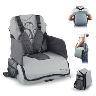 Mobiclinic® kids, Seggiolino portatile bambini, Seggiolone da viaggio, Monkey, 6 a 36 mesi, Fino 15kg, Pieghevole, Imbracatura regolabile 5 punti, Con portaoggetti, Grigio