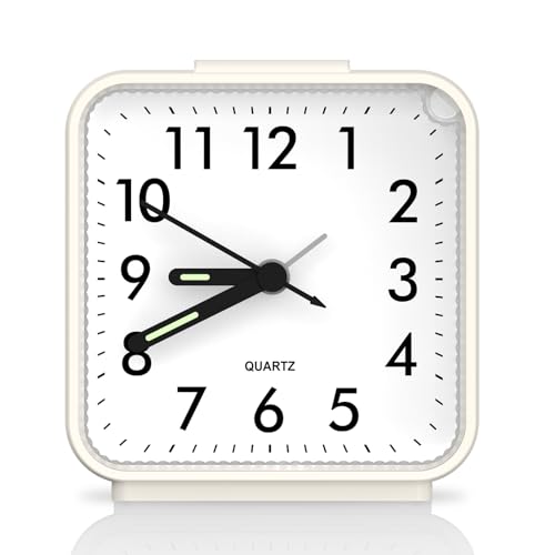 Image of Analog Alarm Clocks, Non Ticking Table Clock with Luminous Hand & Large Display, Battery Powered Silent Bedside Alarm Clock with Night Light Function & Snooze, for Bedroom, Office (White)