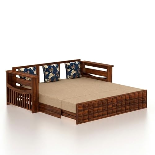 Image of Ganpati Arts Solid Sheesham Wood 3 Seater Diamond Sofa Cum Bed with Side Pocket for Living Room Bedroom Wooden Bedroom Furniture for Home 1 Year Warranty (Natural Finish)