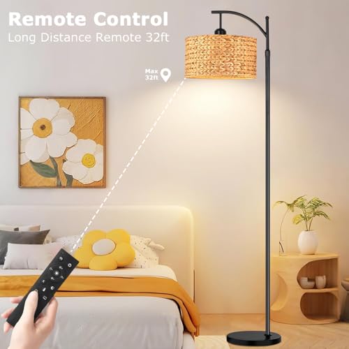Image of QIYIZM Floor Lamp for Living Room Bedroom Farmhouse Arc Rattan Boho Standing Lamp with Remote Dimmable Black Wicker Bamboo Lamp Shade Floor Light Adjustable Tall Lamp Industrial Floor Lamps Bohemian