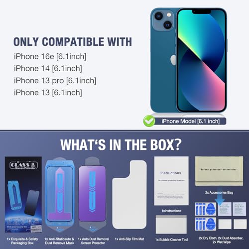 Image of 2-Pack Anti Blue Light Matte Screen Protector for iPhone 16e /iPhone 14 /iPhone 13 Pro /iPhone 13 6.1-Inch 9H Tempered Glass, Full Coverage, Anti-Fingerprint, Auto Dust-Elimination, No Bubble, Easy Installation