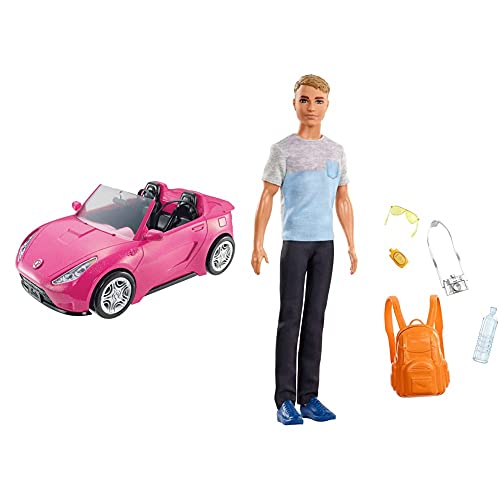 Barbie DVX59 - Cabrio Fahrzeug, in pink, mit Platz für 2 Puppen, Puppen Zubehör, ab 3 Jahren & Reise Ken Puppe mit…